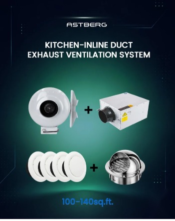 Astberg 100-140 sq ft kitchen inline duct exhaust ventilation system — inline duct exhaust fan, diffusers and outer cowl kit