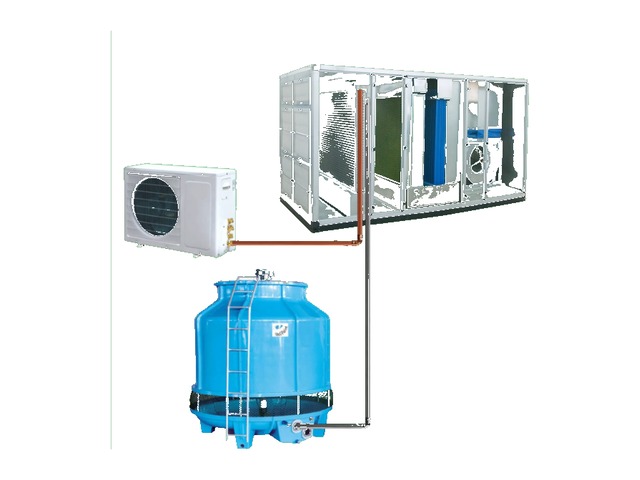 Degree Day DX-Series hybrid AHU with outdoor AC condenser and cooling tower