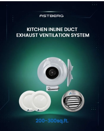 Astberg 200-300 sq ft kitchen inline duct exhaust ventilation system — inline duct exhaust fan, diffusers and outer cowl kit